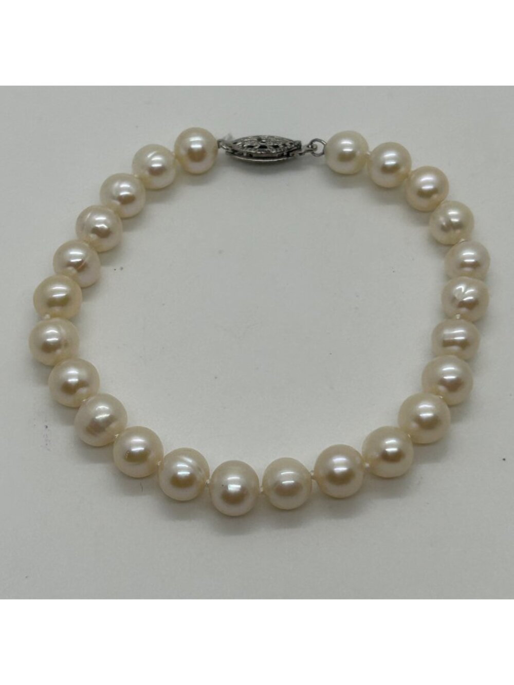 Faux Pearl Strand Bracelet Silver Tone Cream Color Filigree Clasp Elegant Weddin